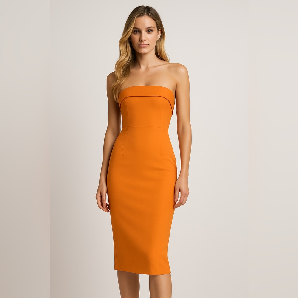 Women’s Orange Idem Ditto Strapless Fitted Midi Large Dress Back Zipper & Slit
